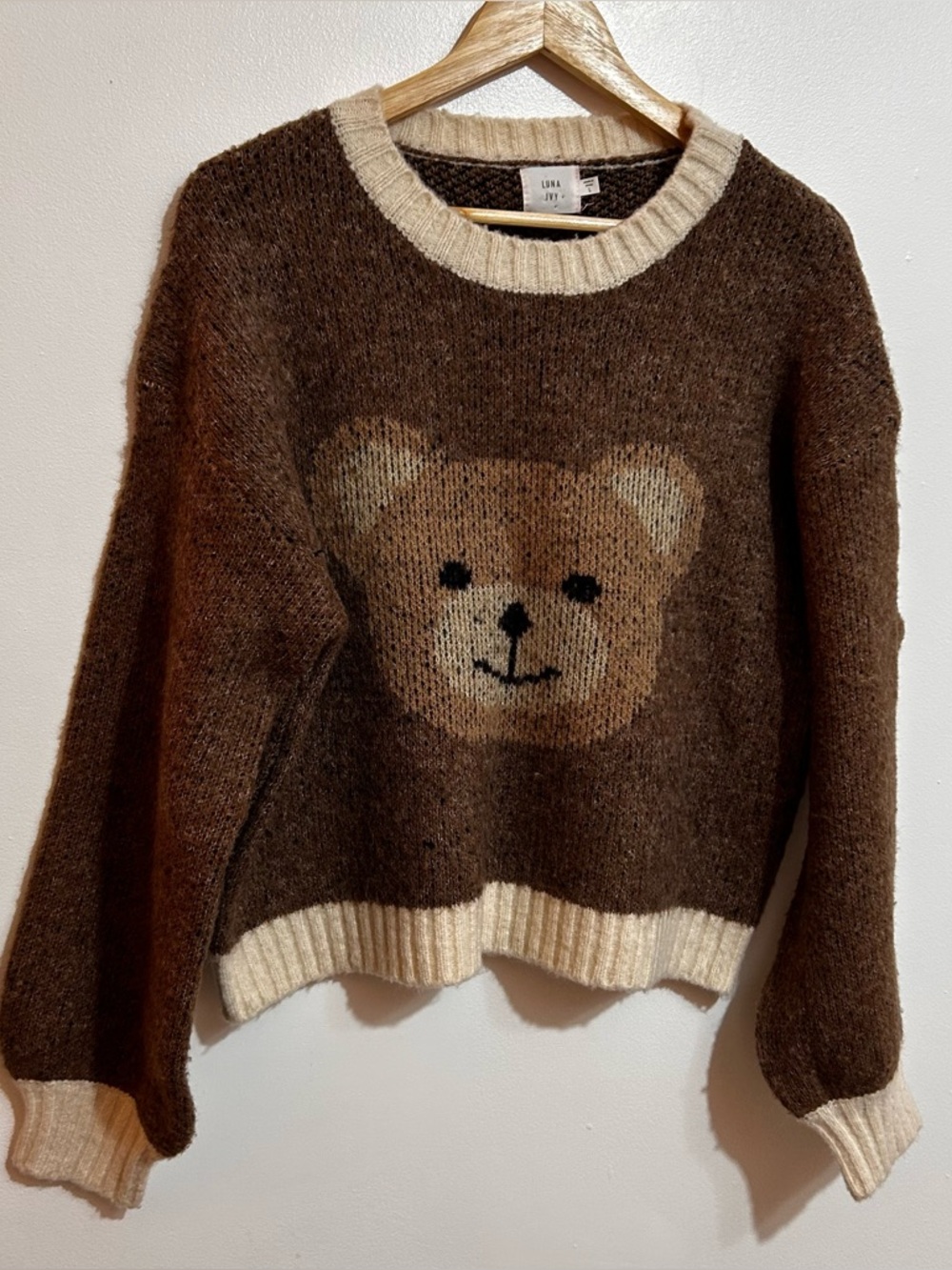 Anthropologie Brown Bear Crewneck Sweater - Brown/Cream